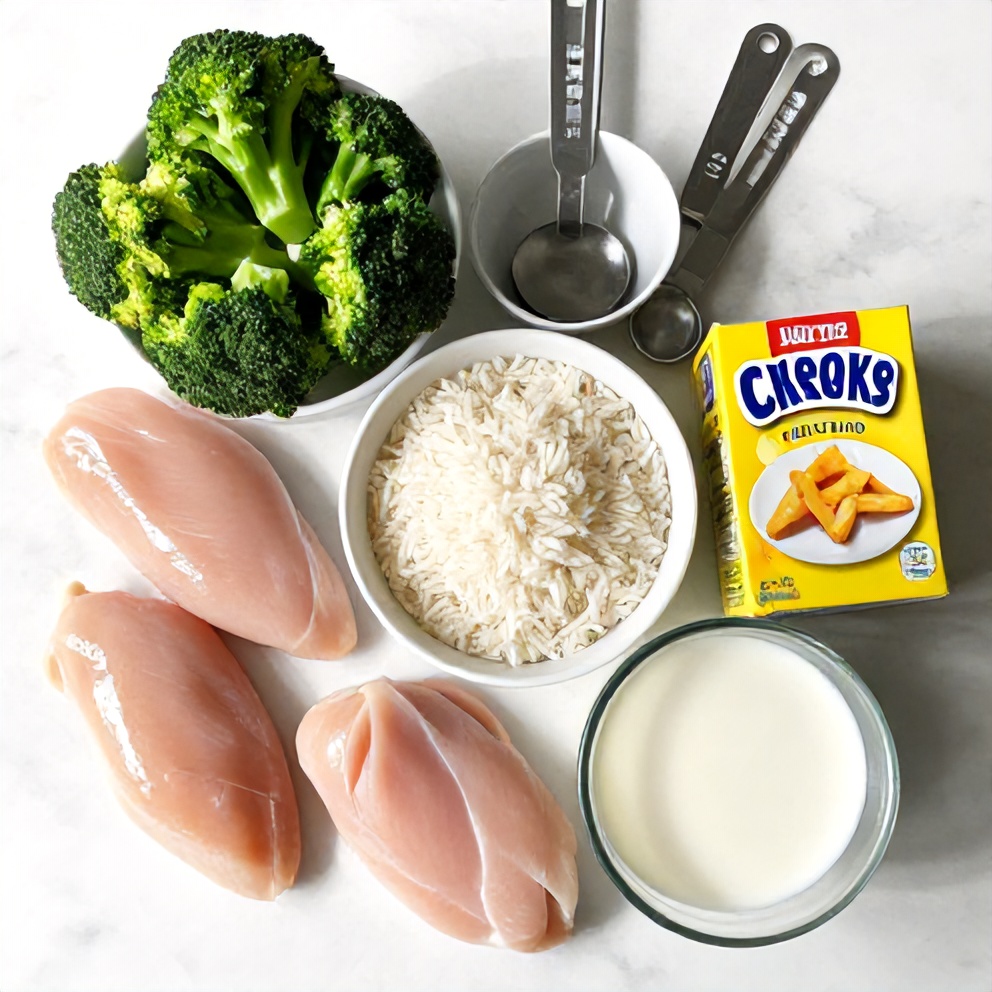 Raw Ingredients for Crockpot Broccoli Cheddar Chicken and Rice Dinner