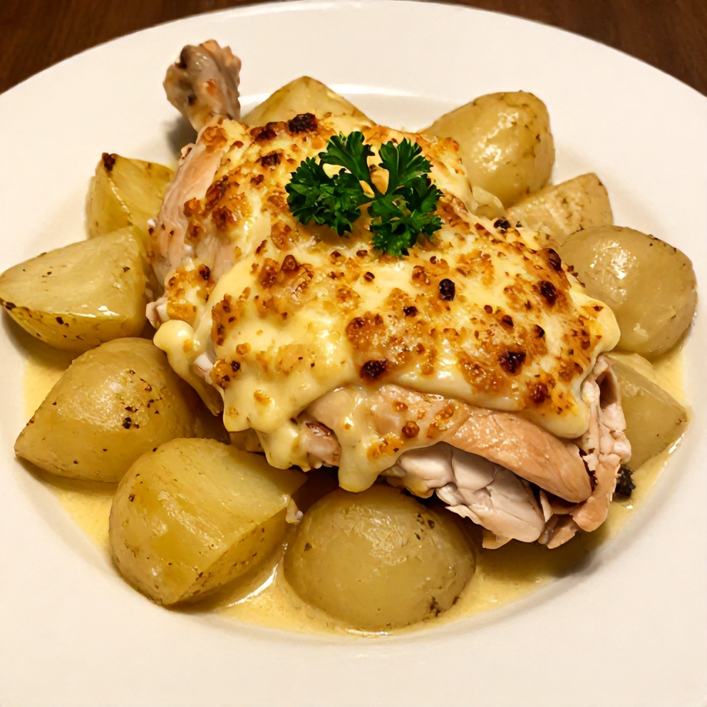 Plated serving of Crockpot Garlic Parmesan Chicken and Potatoes