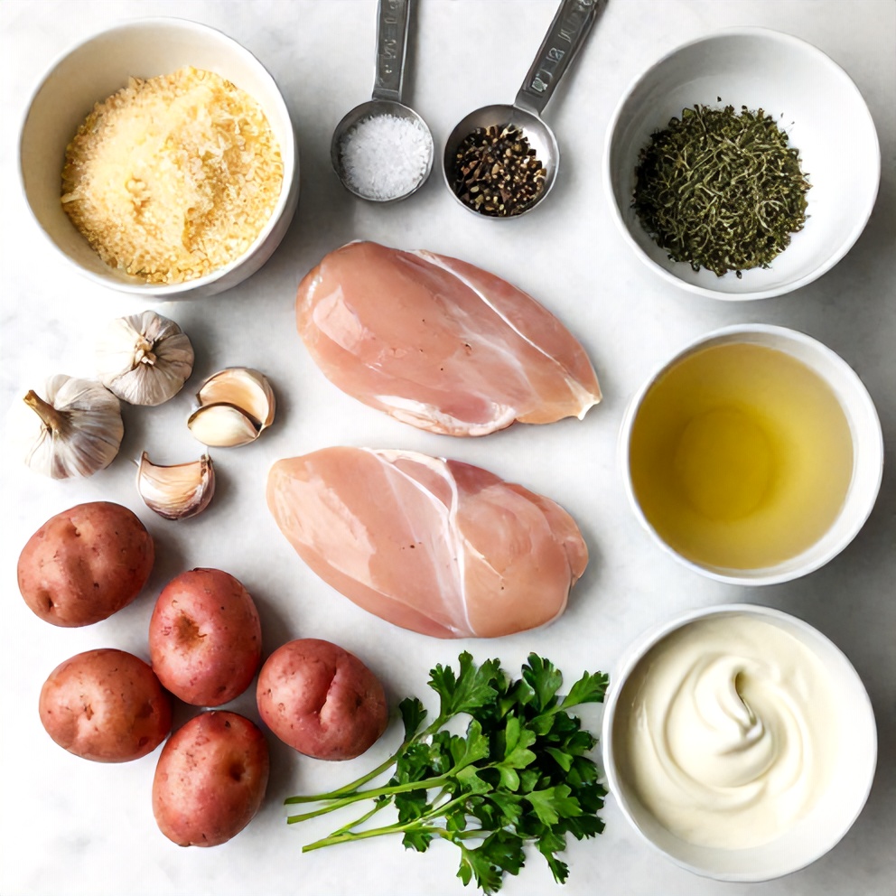 Raw ingredients for Crockpot Garlic Parmesan Chicken and Potatoes