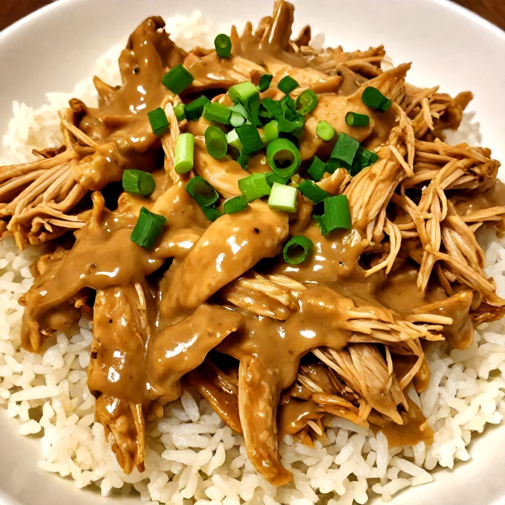 Plated serving of Easy Crockpot Thai Peanut Chicken