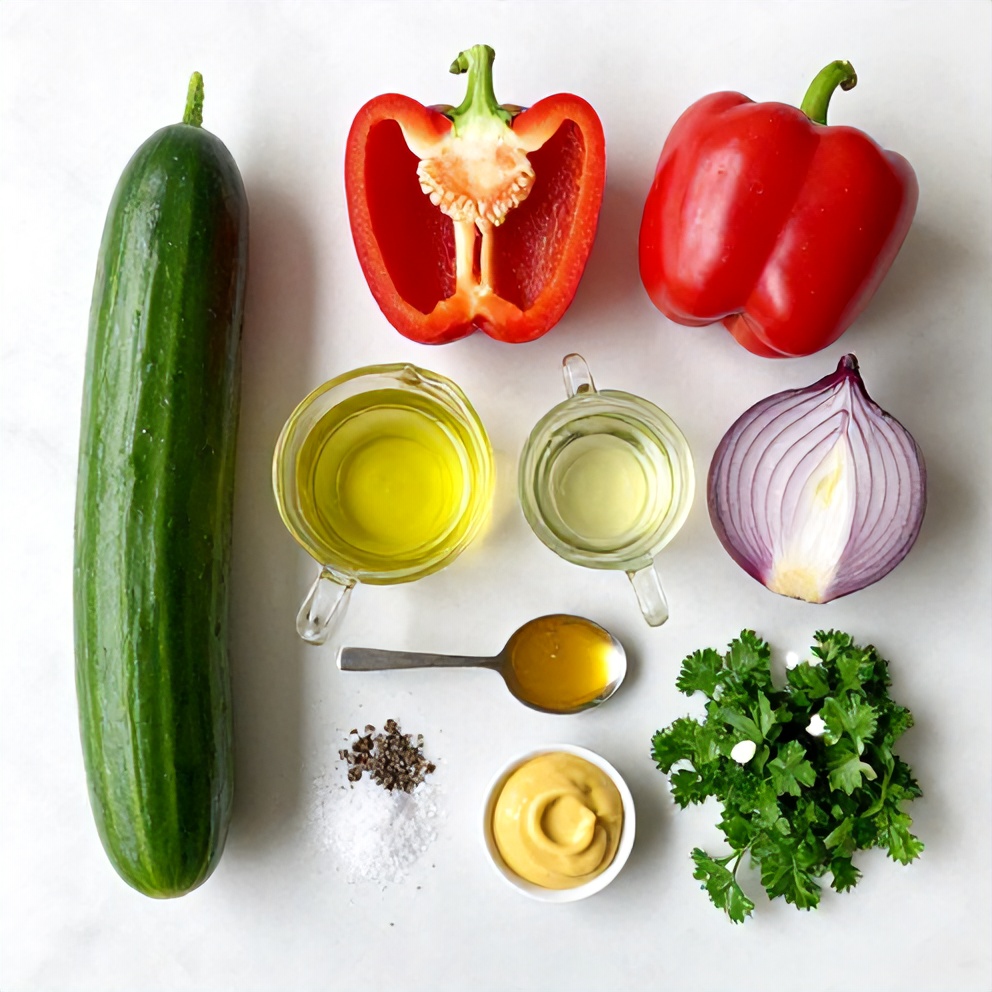Cucumber Sweet Pepper Salad ingredients on a marble counter