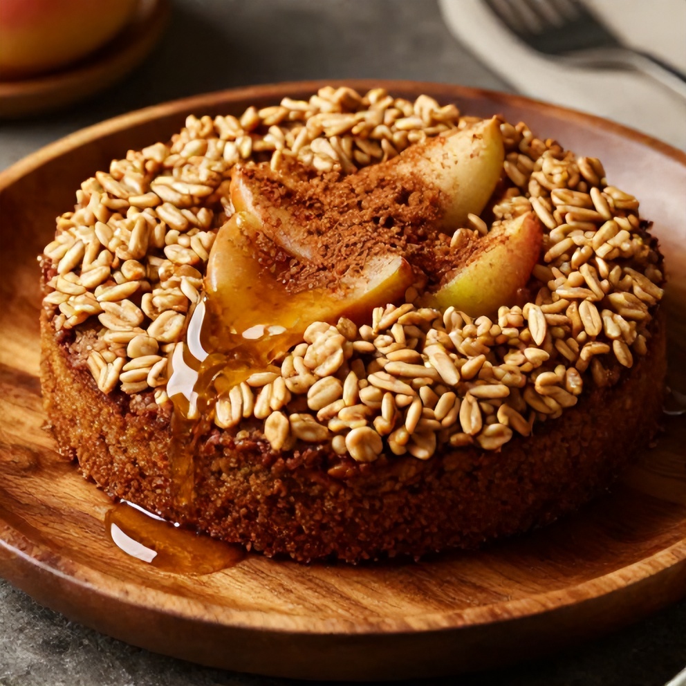 Perfectly plated flourless apple oatmeal cake with a drizzle of honey and a sprinkle of cinnamon. Served on a rustic wooden plate.