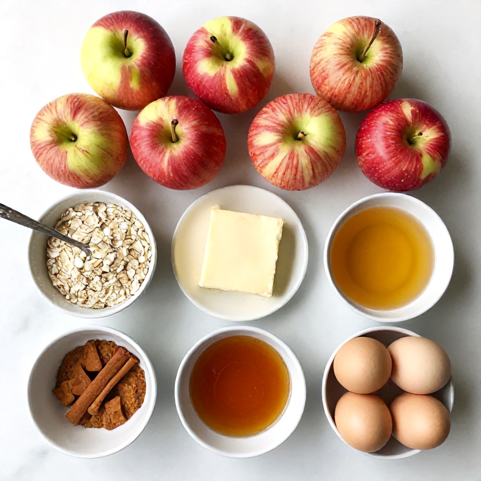 Fresh apples, rolled oats, cinnamon, butter, honey, and eggs arranged in an overhead flat lay. Measuring spoons and cups visible on a white marble surface.