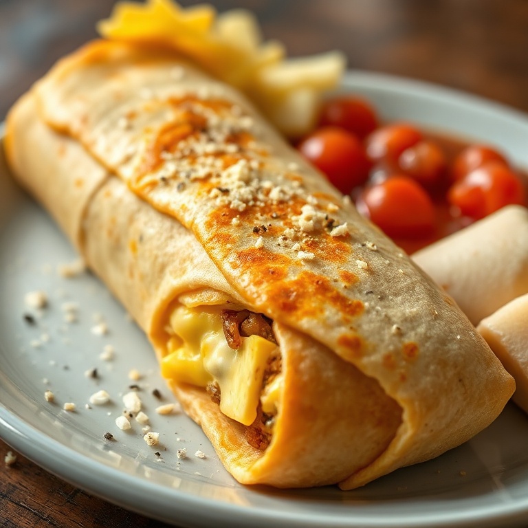 Perfectly plated breakfast burrito with a sprinkle of cheese and a side of salsa.