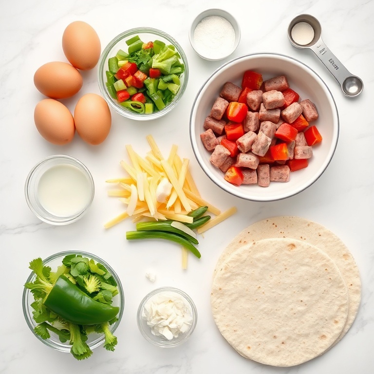 Raw ingredients for breakfast burritos: eggs, sausage, peppers, onions, and tortillas arranged in a flat lay.
