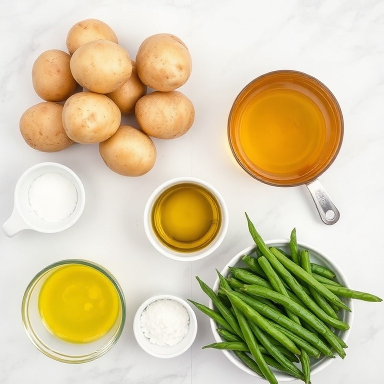 Raw ingredients for French potato and green bean salad on marble surface