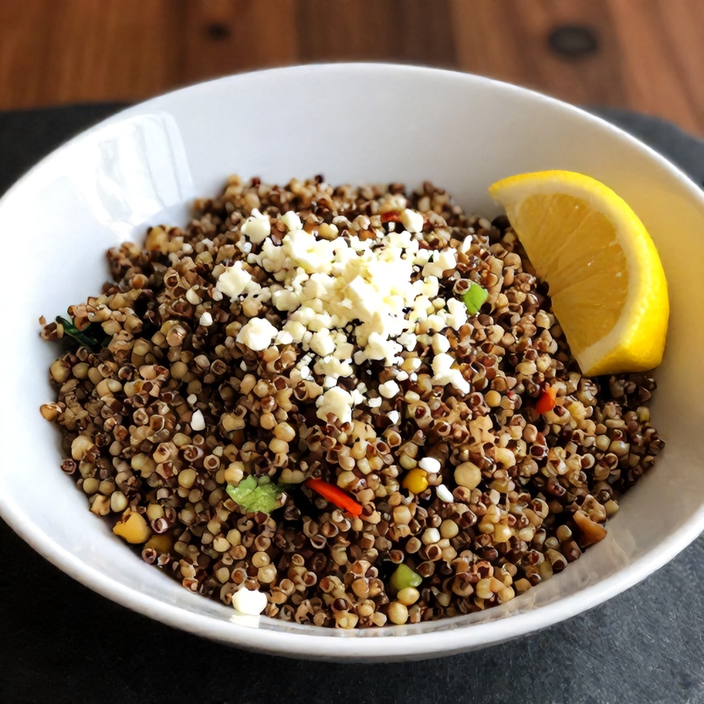 Quinoa Tabbouleh Salad served in a bowl with a lemon wedge