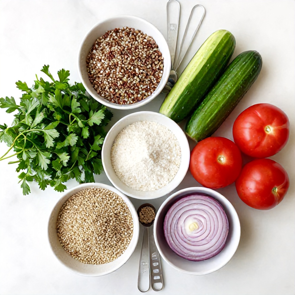 Quinoa, parsley, cucumber, tomatoes, red onion, lemon, olive oil, and salt arranged on a white marble surface