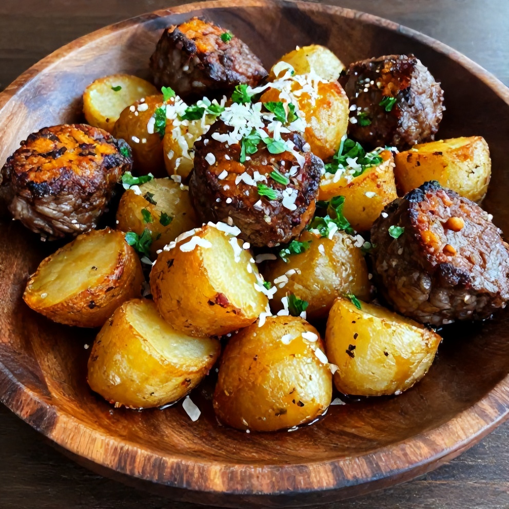 Plated Garlic Butter Steak Bites with Potatoes