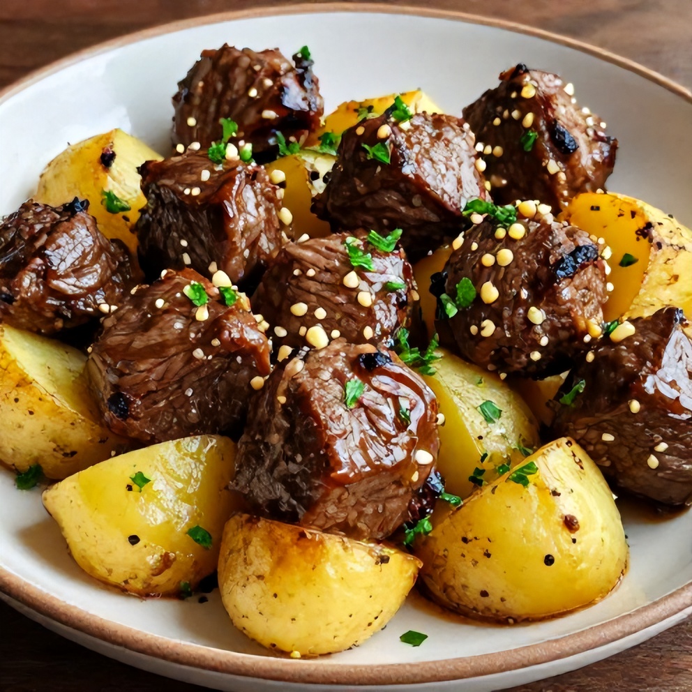 Plated garlic butter steak bites with potatoes on a rustic plate