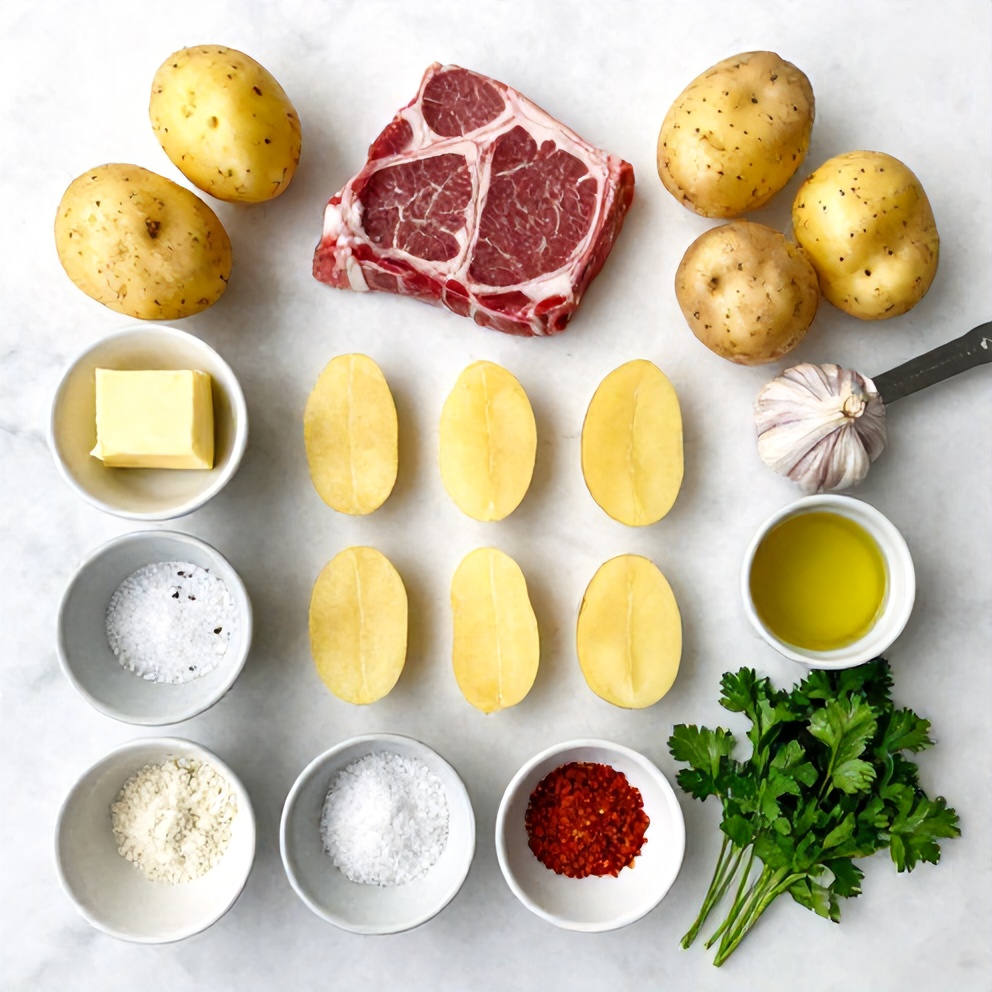 Raw ingredients for garlic butter steak bites with potatoes on a marble surface