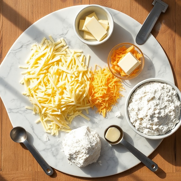 Flat lay of mozzarella, cheddar, Parmesan, flour, butter and spices
