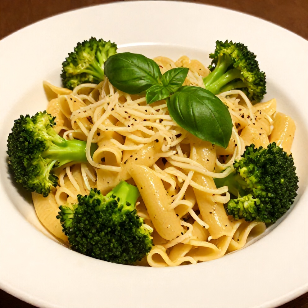 A perfect plated serving of Garlic Parmesan Broccoli Pasta on a white plate, garnished with fresh basil leaves.