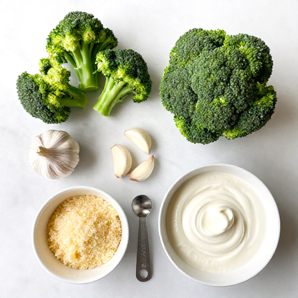 Raw ingredients for Garlic Parmesan Broccoli Pasta arranged in an overhead flat lay, including broccoli florets, garlic cloves, parmesan cheese, and heavy cream.