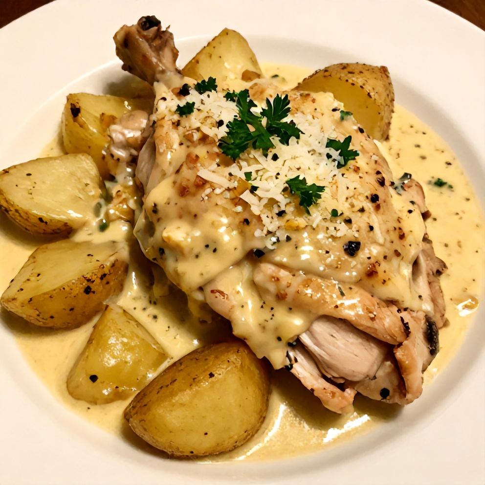 Plated Garlic Parmesan Chicken and Potatoes