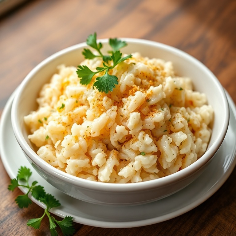 Plated garlic parmesan rice in a white ceramic bowl with fresh parsley on top, warm side lighting showing texture, photorealistic food photography style