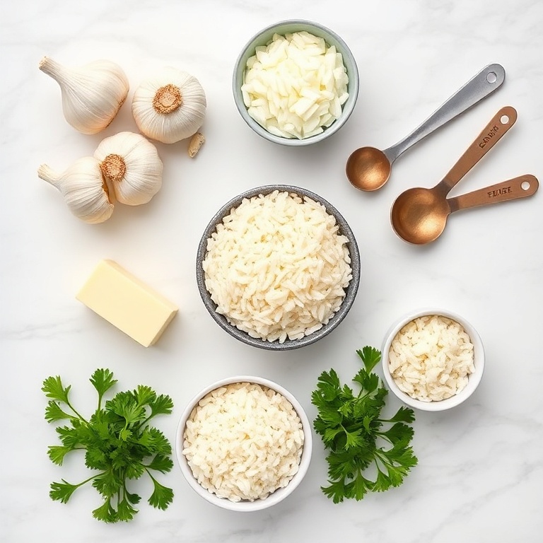 Raw ingredients for garlic parmesan rice arranged in an overhead flat lay. Garlic cloves, parmesan cheese, rice, butter, and parsley visible with measuring spoons and bowls