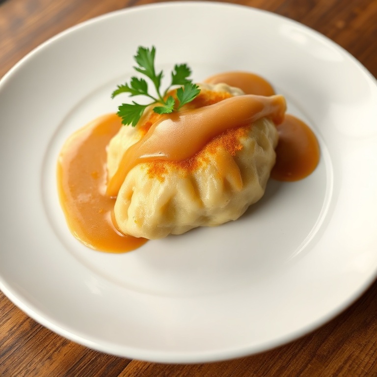 A single German cabbage dumpling on a white ceramic plate with a sprig of parsley. Warm side lighting highlights the crispy edges and sauce drizzle.