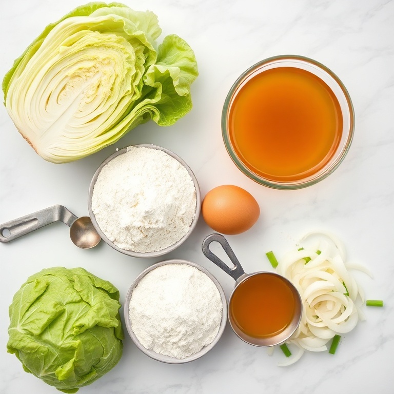 Fresh cabbage, flour, egg, chicken broth, and onions arranged in an overhead flat lay. Measuring spoons and bowls visible on a white marble surface.