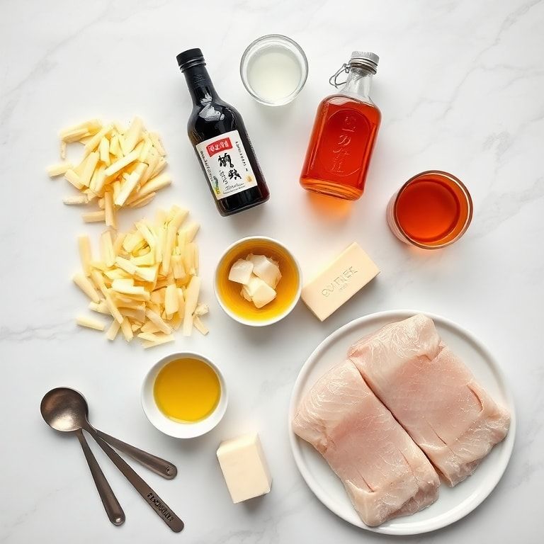 Flat lay of ginger soy glazed cod ingredients