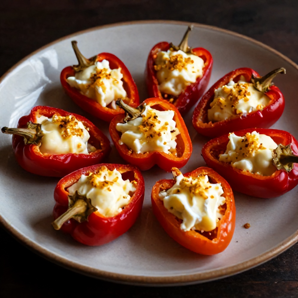 Plated goat cheese stuffed mini peppers on a rustic plate