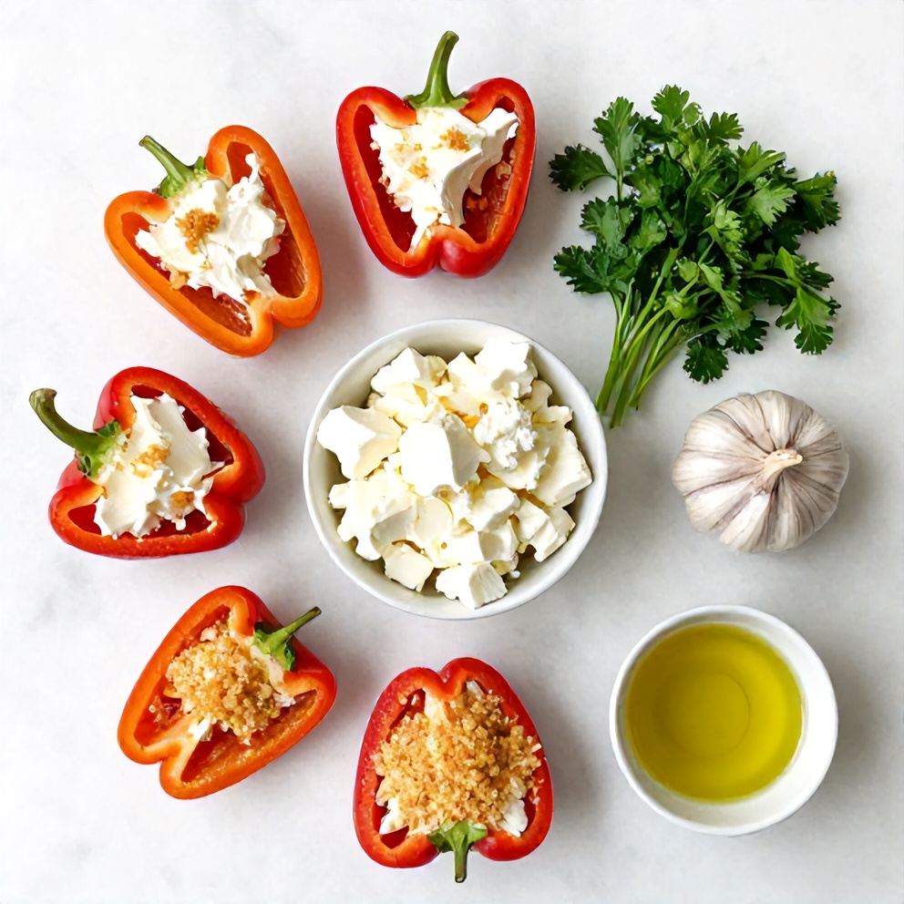 Raw ingredients for goat cheese stuffed mini peppers on a marble surface