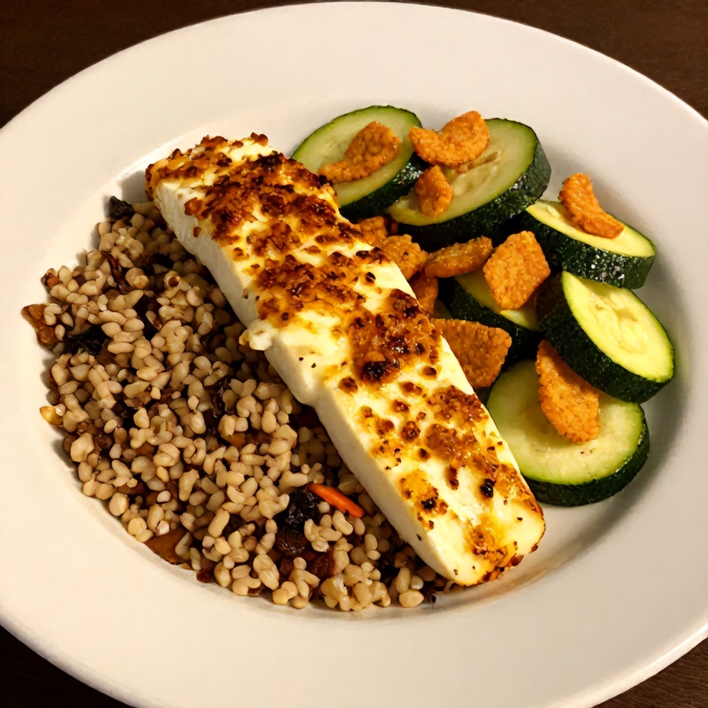 Greek Grain Bowl with Halloumi and Zucchini Crisps