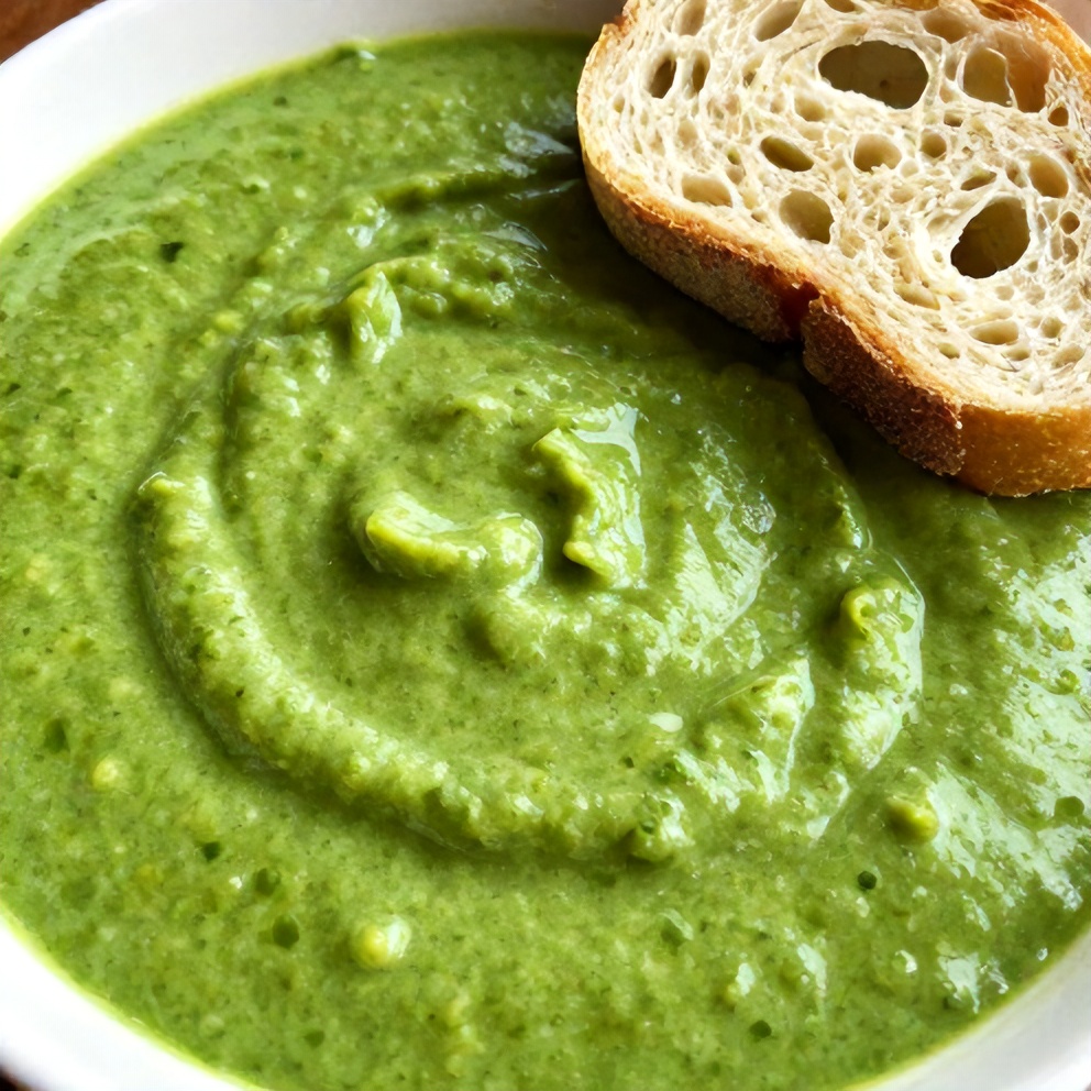 Bowl of Green Vegetable Soup with Crusty Bread