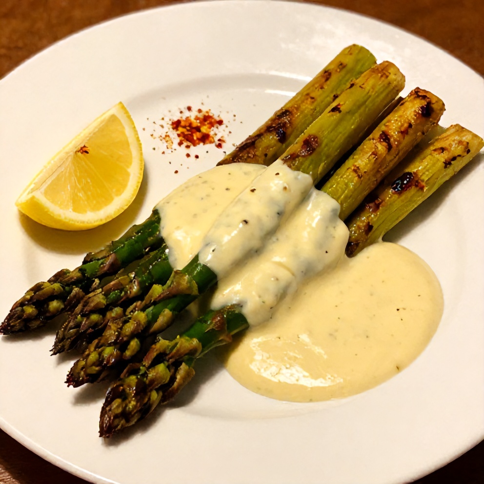 Plated grilled asparagus with tahini lemon sauce