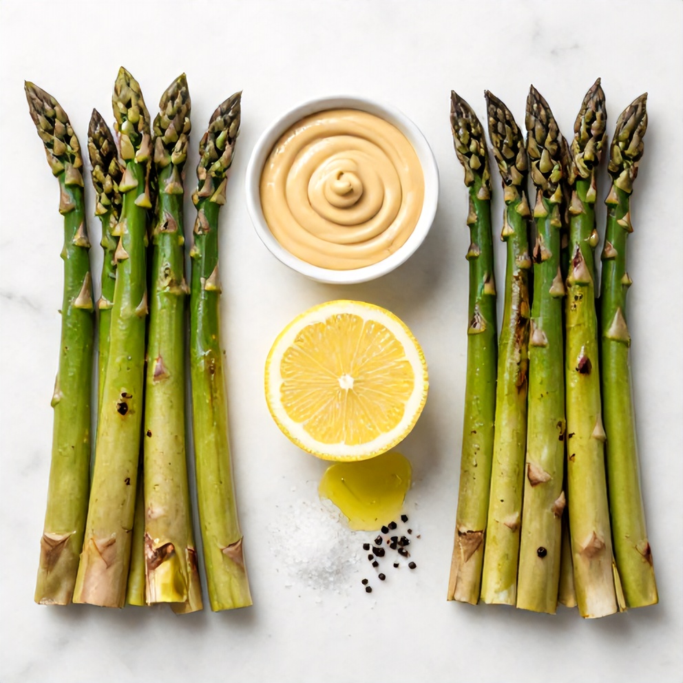 Raw ingredients for grilled asparagus with tahini lemon sauce