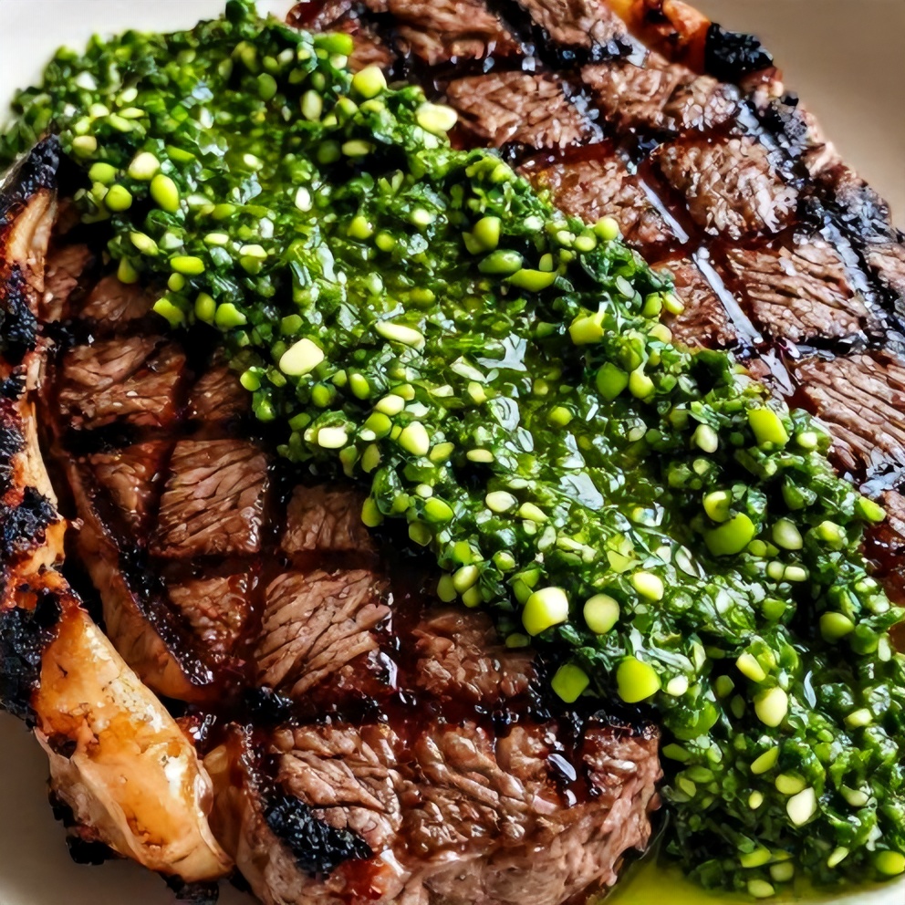Plated grilled steak with chimichurri sauce