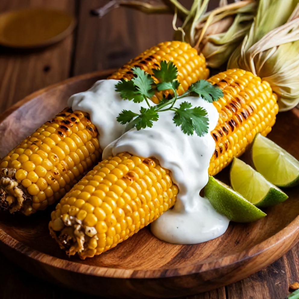 Plated grilled corn with chili lime yogurt sauce