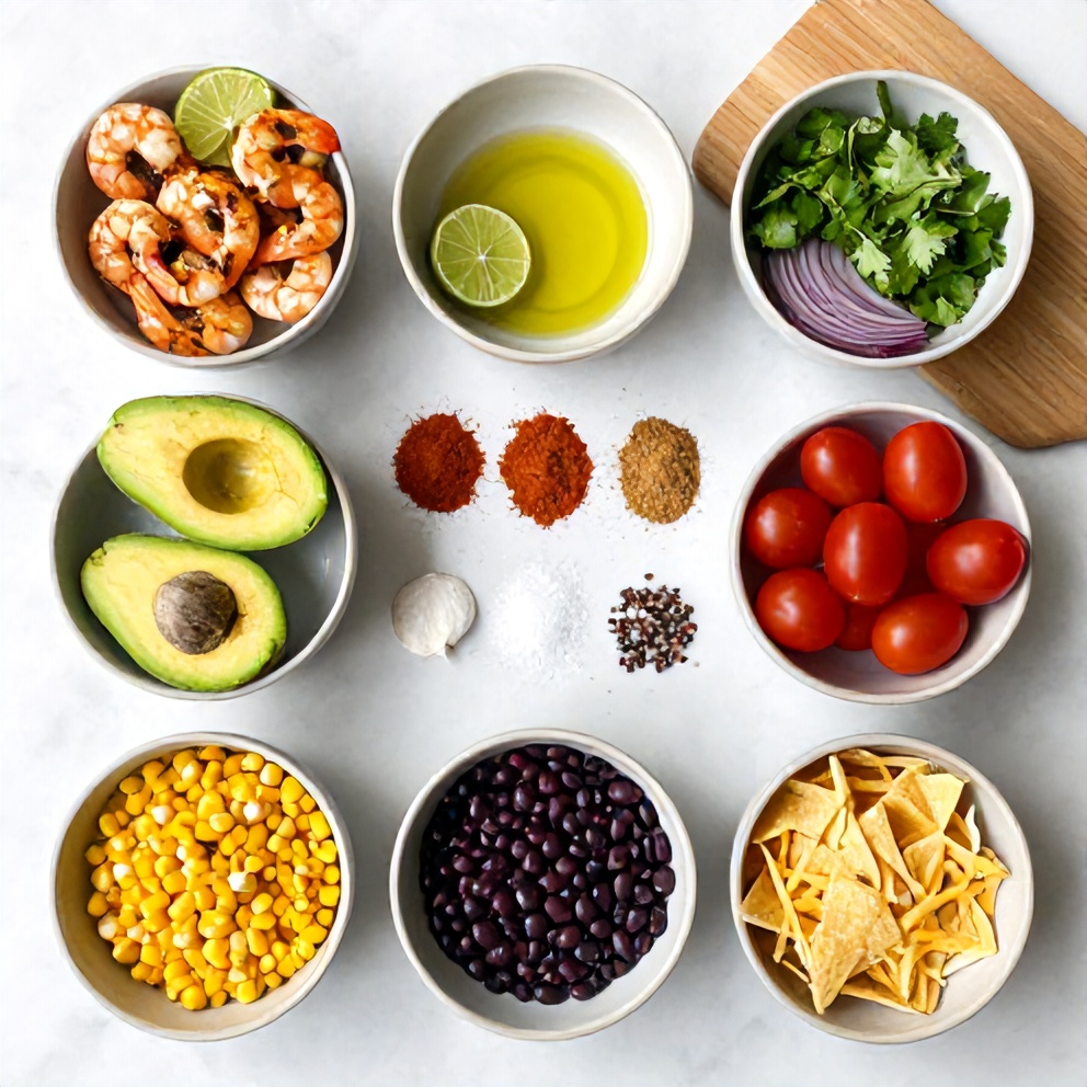 Raw Ingredients for Grilled Shrimp and Avocado Bowl