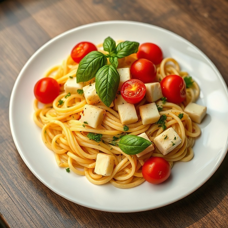 Perfect platter of halloumi pasta salad. Topped with fresh basil and cherry tomatoes. Served on a white plate. Warm side lighting shows texture. Photorealistic food photography.