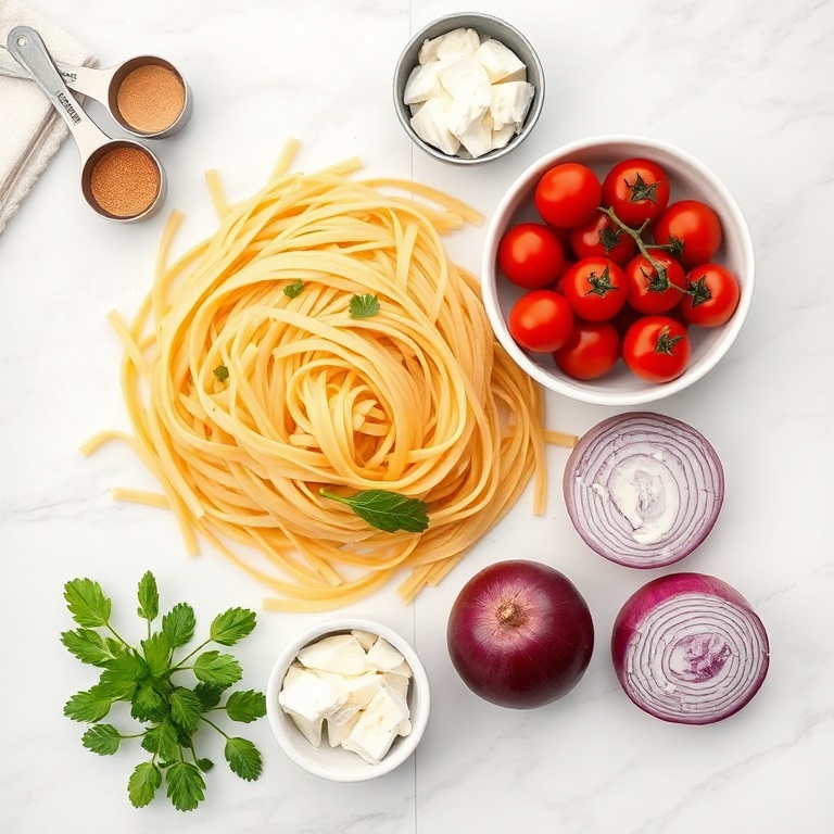 Fresh pasta, halloumi cheese, cherry tomatoes, cucumber, red onion, basil, and pesto arranged in an overhead flat lay. Measuring spoons and bowls visible. White marble surface. Bright even light.