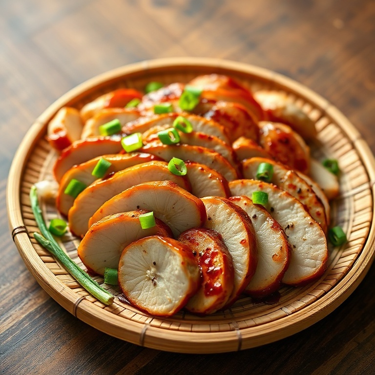 Sliced teriyaki chicken on a bamboo platter with green onion garnish, warm side lighting