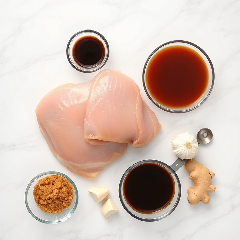 Raw chicken, soy sauce, brown sugar, garlic, ginger arranged in a flat lay on white marble surface