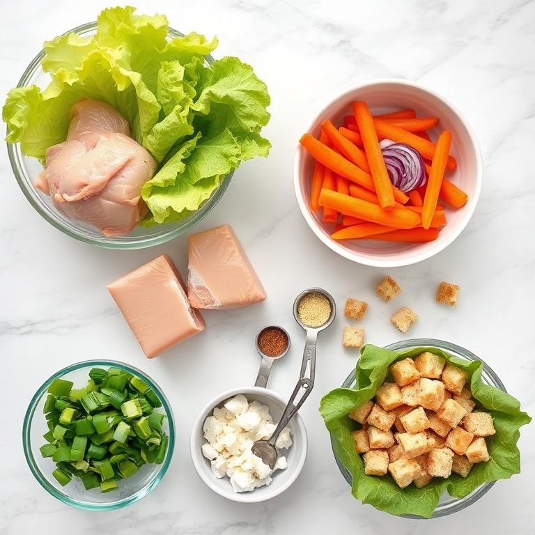 Fresh chicken, lettuce, tomatoes, cucumbers, and avocado arranged on a white marble countertop