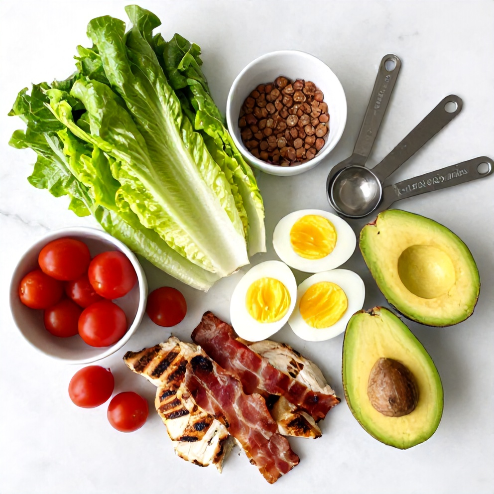 Raw ingredients for grilled chicken cobb salad
