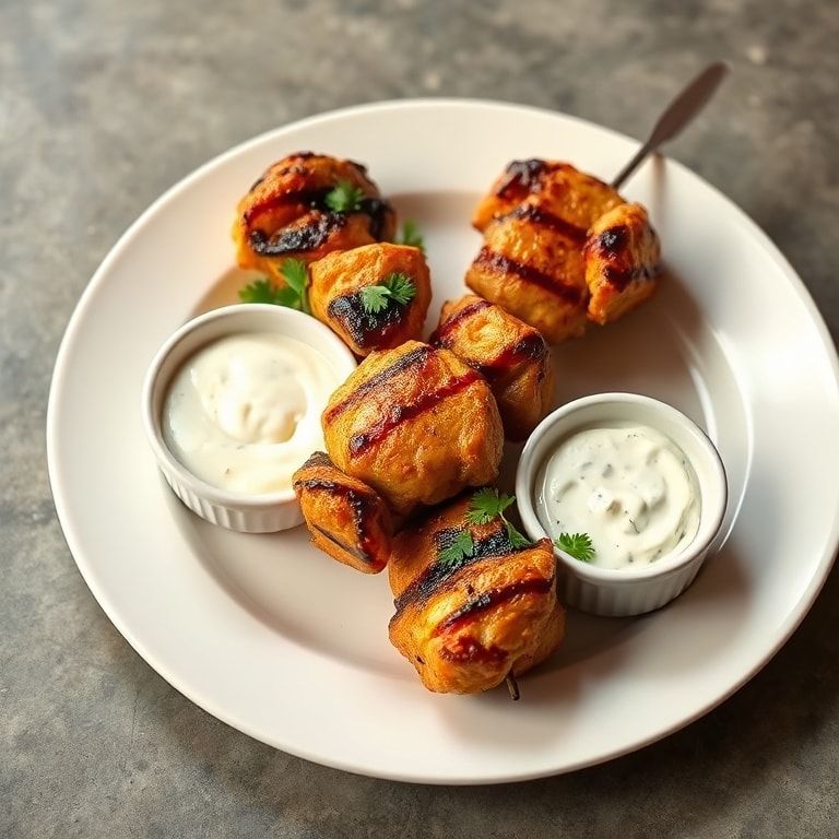Finished chicken adana kebabs plated with parsley sprigs