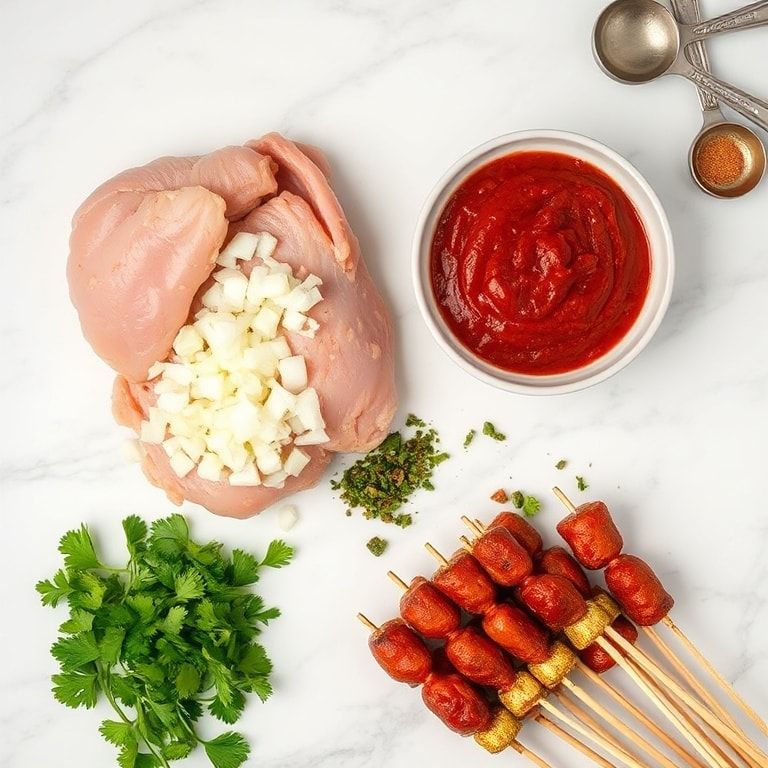 Overhead flat lay of fresh ground chicken, minced onion, dried red pepper paste, chopped parsley, and soaked wooden skewers on a white marble surface, with measuring cups and spoons in view, lit evenly.