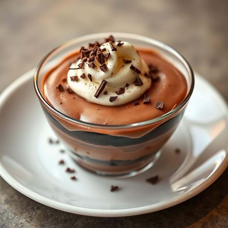 Chocolate budino in a glass serving dish with a dollop of whipped cream and chocolate shavings