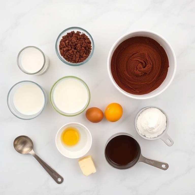 Raw ingredients for chocolate budino: cocoa powder, milk, sugar, eggs, butter