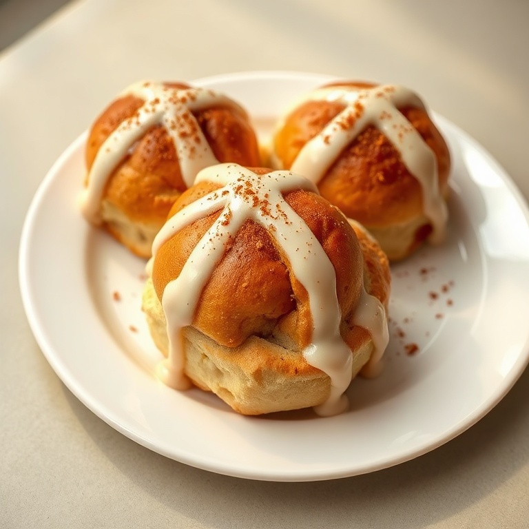 Hot cross buns served on a white plate with a drizzle of icing and a sprinkle of cinnamon