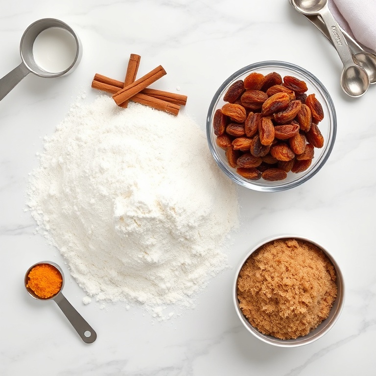 Fresh flour, cinnamon, raisins, orange zest, and brown sugar arranged in a clean kitchen with measuring cups and bowls