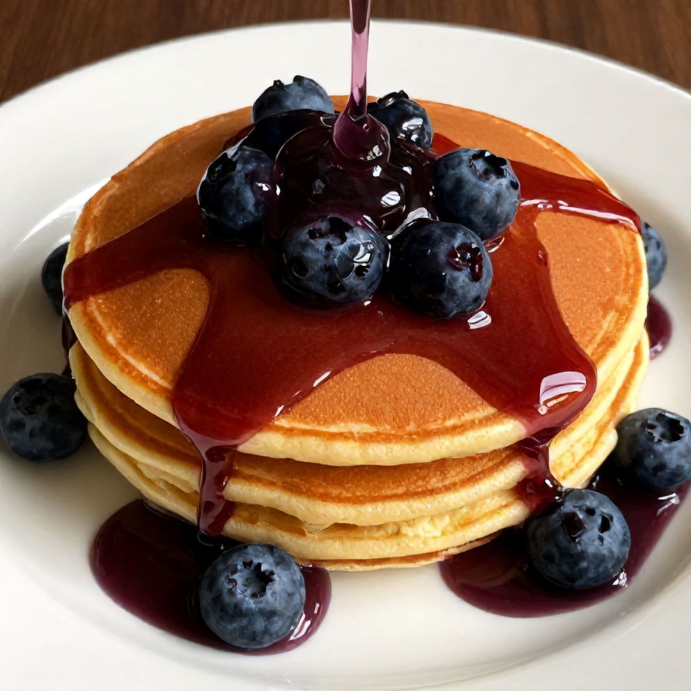 Blueberry syrup poured over pancakes