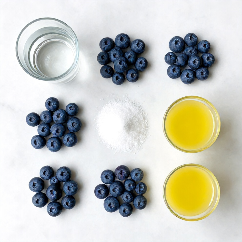 Blueberries, lemon juice, water, and sweetener on a white marble surface