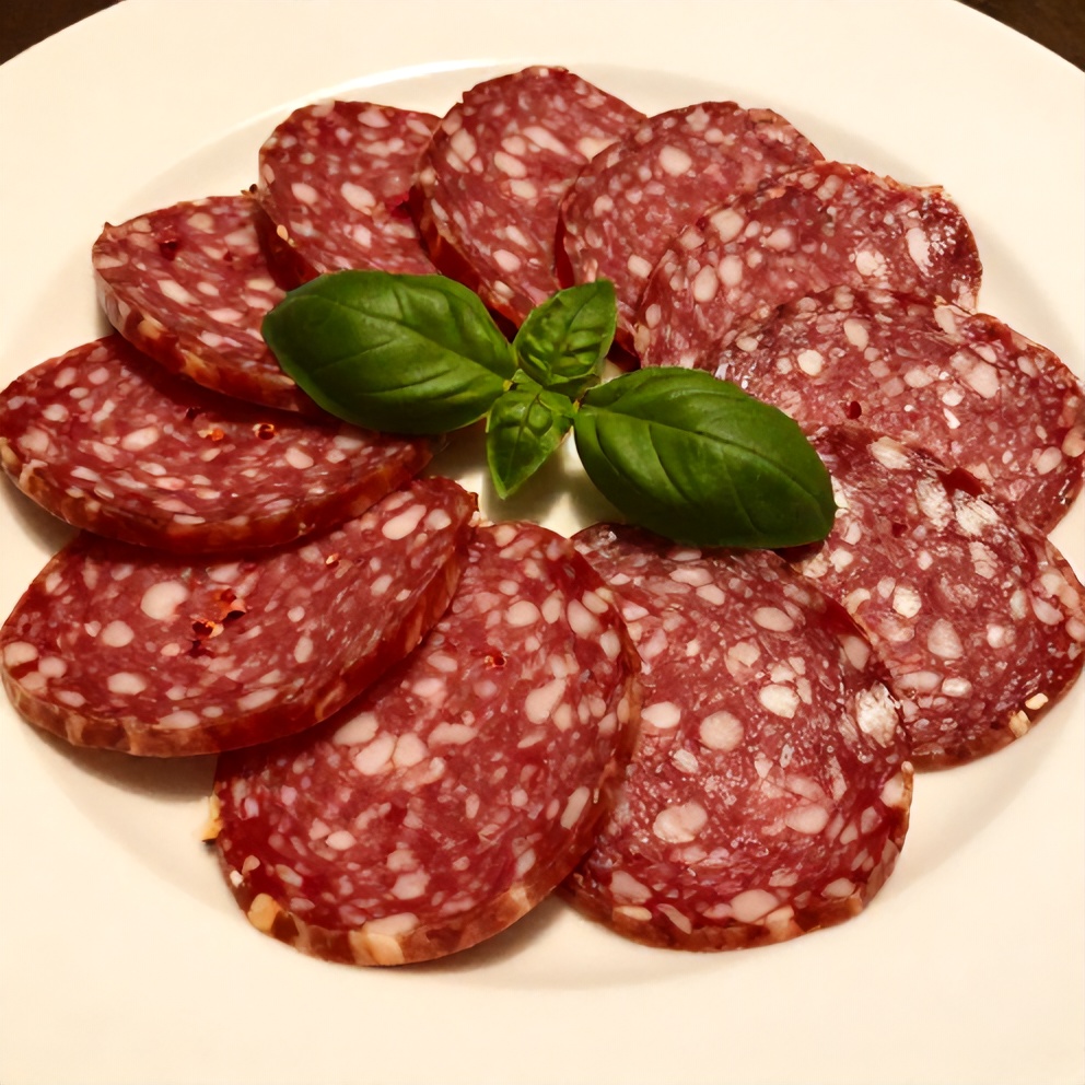 Sliced vegan salami on a plate with fresh herbs