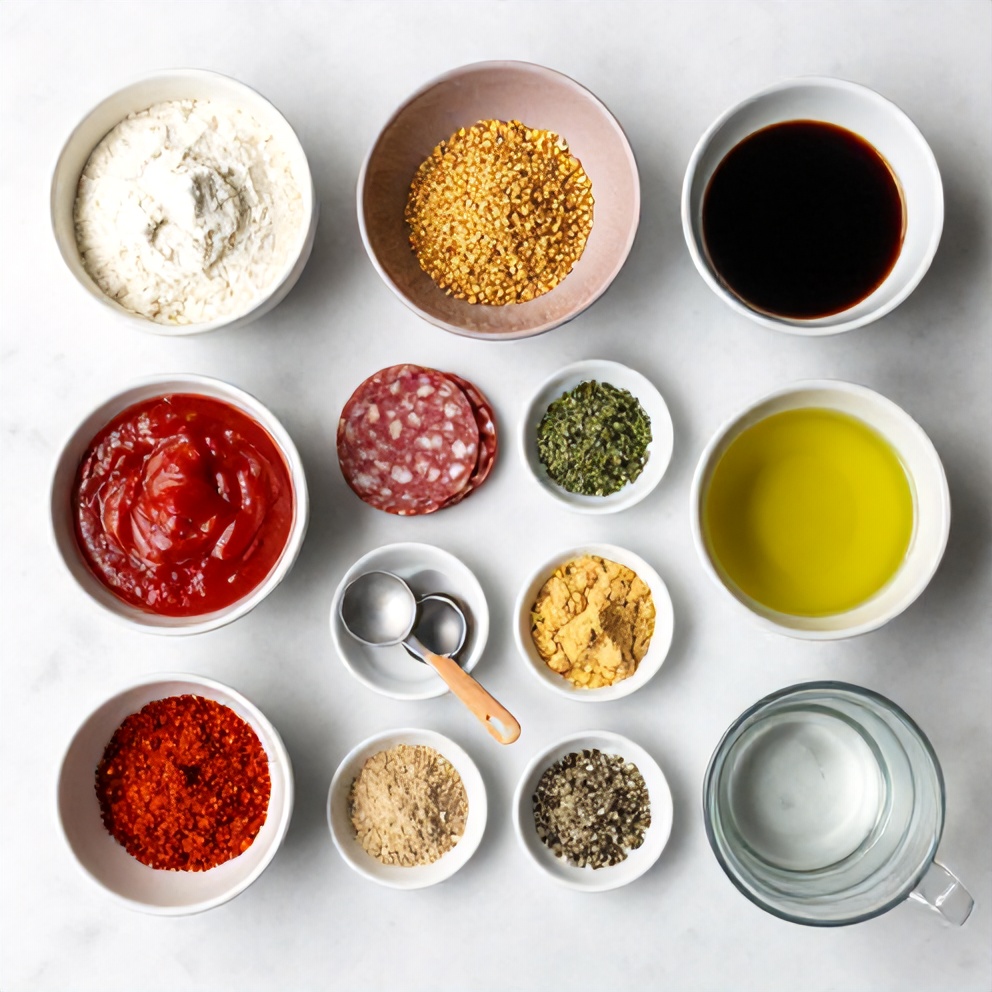 Raw ingredients for vegan salami on a marble surface