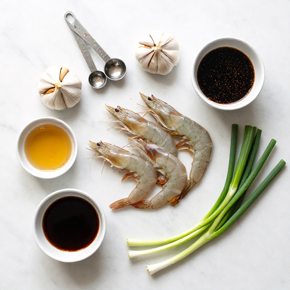 Raw shrimp, garlic, honey, soy sauce, and green onions on a white marble surface